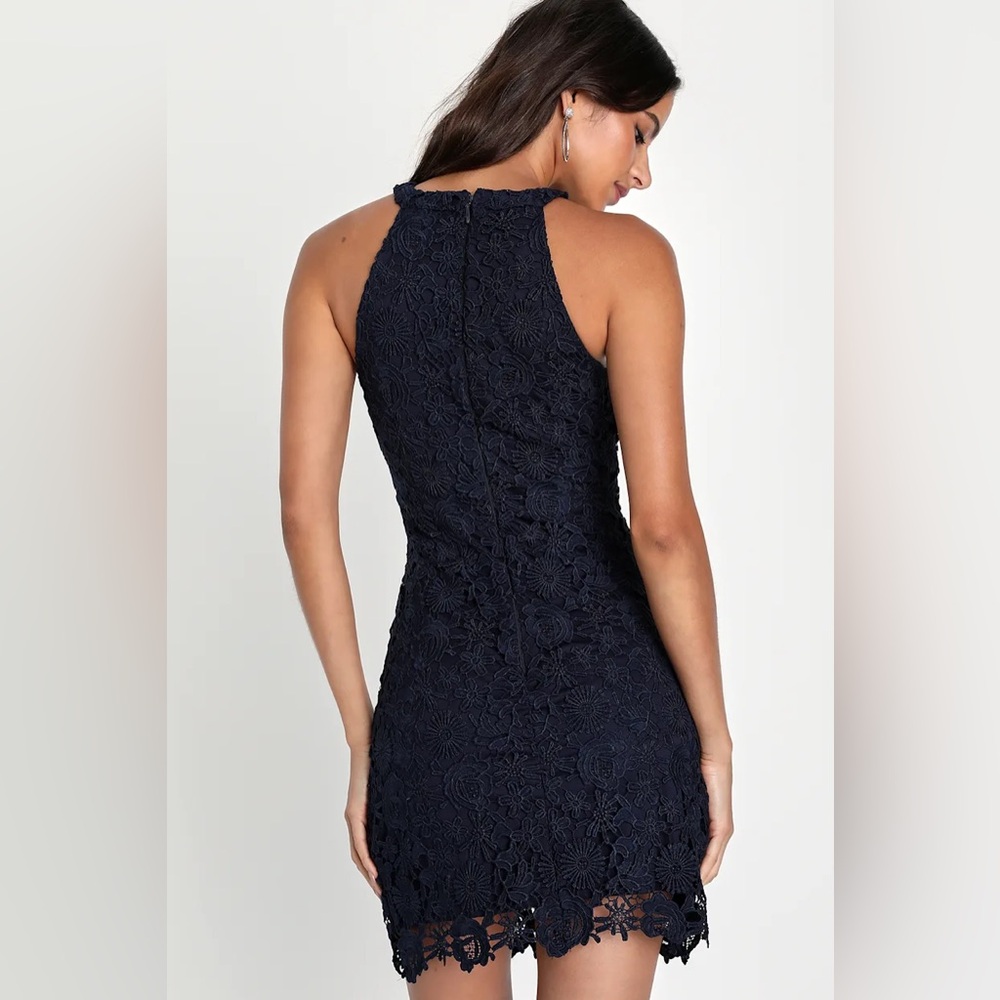 Lulus Love Poem Navy Blue Lace Halter Mini Dress Size Large - Picture 4 of 12